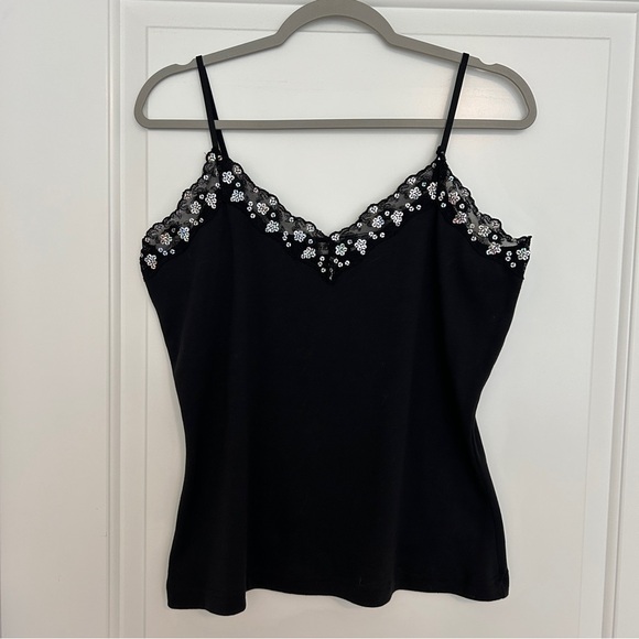 Extra Touch Tops - Y2K Black Sequin and Lace Trim Cami Top, Size 1X